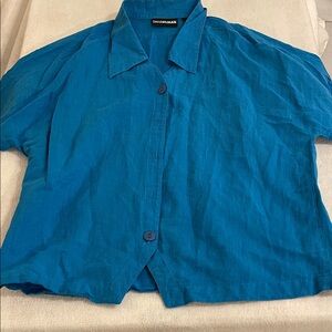 Diane Gilman Linen/Cotton Blend Teal Blue Short Sleeve Button Front Blouse
